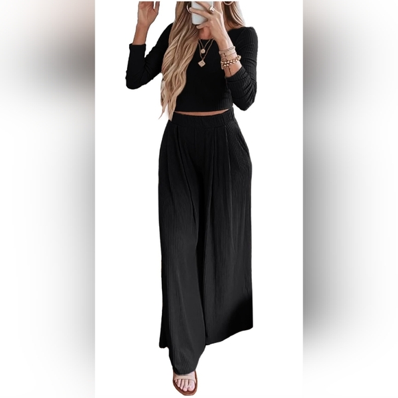 Ribbed Two Piece Set Body Con Crop Top with High Waist Palazzo Flare Pants - Picture 2 of 4